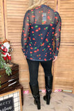 Red cherry printed black mesh sheer long sleeve women top XCH16788