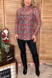 Leopard & cherry printed sheer long sleeve women top XCH16790