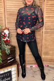Red cherry printed black mesh sheer long sleeve women top XCH16788