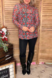 Leopard & cherry printed sheer long sleeve women top XCH16790