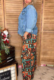 Western patterns printed wide leg elastic waist women pant XCH16773