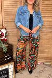 Western patterns printed wide leg elastic waist women pant XCH16773