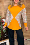 Aztec printed & knitted block yellow solid color long sleeve women tops BQ14390