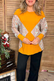 Aztec printed & knitted block yellow solid color long sleeve women tops BQ14390