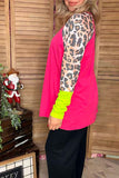 Hot pink & lime green & leopard color block long sleeve women top XCH14268
