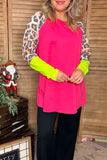 Hot pink & lime green & leopard color block long sleeve women top XCH14268