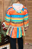 Multi color striped long sleeve baby doll blouse w/hoodie ruffle bottom HS3 GJQ8019