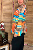 Multi color striped long sleeve baby doll blouse w/hoodie ruffle bottom HS3 GJQ8019