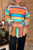 Multi color striped long sleeve baby doll blouse w/hoodie ruffle bottom HS3 GJQ8019