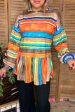 Multi color striped long sleeve baby doll blouse w/hoodie ruffle bottom HS3 GJQ8019