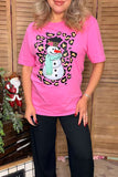 Holiday snowman & leopard printed pink short sleeve women t-shirt