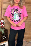 Holiday snowman & leopard printed pink short sleeve women t-shirt