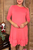 Solid color pink 3/4 sleeves women dress w/ruffle GJQ15571