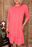 Solid color pink 3/4 sleeves women dress w/ruffle GJQ15571