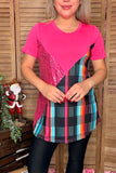 Checked printed solid fuchsia w/ sequin short sleeve women top FW10361 ( CS6)