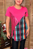 Checked printed solid fuchsia w/ sequin short sleeve women top FW10361 ( CS6)