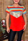 Striped & Sequin & Orange & short sleeve women top FW9812 (CS5)