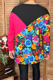 Floral & black & fuchsia color block long sleeve women blouse XCH13960 HS1