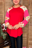 Pink & Floral printed long sleeve red color block women top GJQ14619 HS1