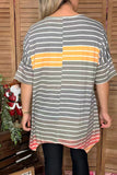YMY9950 Grey & orange striped irregular bottom women blouse CS8