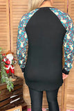 Reindeer printed long sleeve & black & turquoise sequin pocket women top DLH9843-2