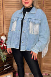Long sleeve denim women coat with pocket & fringe DLH13702