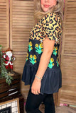 Western leopard & Cactus & Black color block short sleeve women tops BQ13934 (DS8)