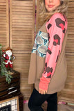 Bull & leopard color blocked raglan long sleeve women tan tops XCH14270 (DS9)