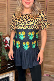 Western leopard & Cactus & Black color block short sleeve women tops BQ13934 (DS8)
