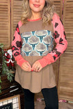 Bull & leopard color blocked raglan long sleeve women tan tops XCH14270 (DS9)