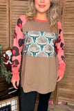 Bull & leopard color blocked raglan long sleeve women tan tops XCH14270 (DS9)