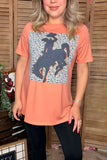 Coral short sleeve women top with bronc rider graphic XCH14128 (DS7)