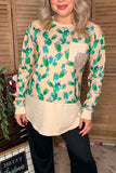 Beige cactus printed long sleeve top w/double front pocket BQ11150 (DS9)