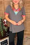 Multi color aztec patch & grey short sleeve women t-shirt GJQ12380