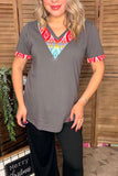 Multi color aztec patch & grey short sleeve women t-shirt GJQ12380
