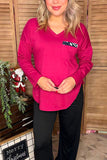 GJQ9792-1 Solid Fuchsia v-neck long sleeve top w/cow print front pocket (DS13)