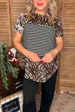 XCH11164 Brown leopard & black/white striped printed short sleeve women top (DS9)