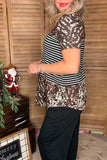 XCH11164 Brown leopard & black/white striped printed short sleeve women top (DS9)