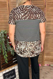 XCH11164 Brown leopard & black/white striped printed short sleeve women top (DS9)