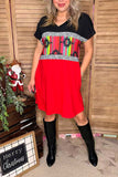 Western serape & Aztec printed red color block short sleeve women dress XCH15542 (BS8)