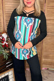Aztec printed black long sleeve women top w/cross neckline GJQ9857 (ES11)