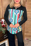 Aztec printed black long sleeve women top w/cross neckline GJQ9857 (ES11)