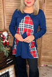 Navy blue long sleeve women top w/ plaid multi color print FW5687 (ES11)
