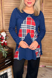 Navy blue long sleeve women top w/ plaid multi color print FW5687 (ES11)