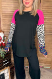 Fuchsia & Leopard & Aztec raglan long sleeve black women tops YMY14157 (ES12)