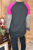Fuchsia & Leopard & Aztec raglan long sleeve black women tops YMY14157 (ES12)