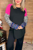 Fuchsia & Leopard & Aztec raglan long sleeve black women tops YMY14157 (ES12)