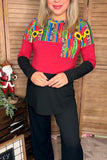 Serape & sunflower & red & black color block long sleeve women top GJQ10227 (ES9)