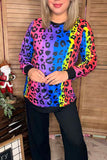 BQ11125 Multi color leopard printed long sleeve top w/black cuff & bottom trim (ES4)
