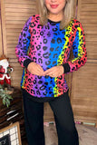 BQ11125 Multi color leopard printed long sleeve top w/black cuff & bottom trim (ES4)